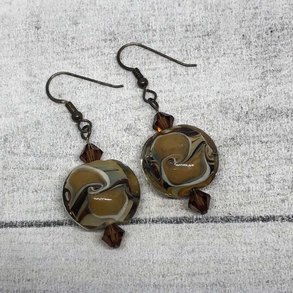 Sterling silver marbled murano style art glass bead earrings statement dangle. - Picture 2 of 5